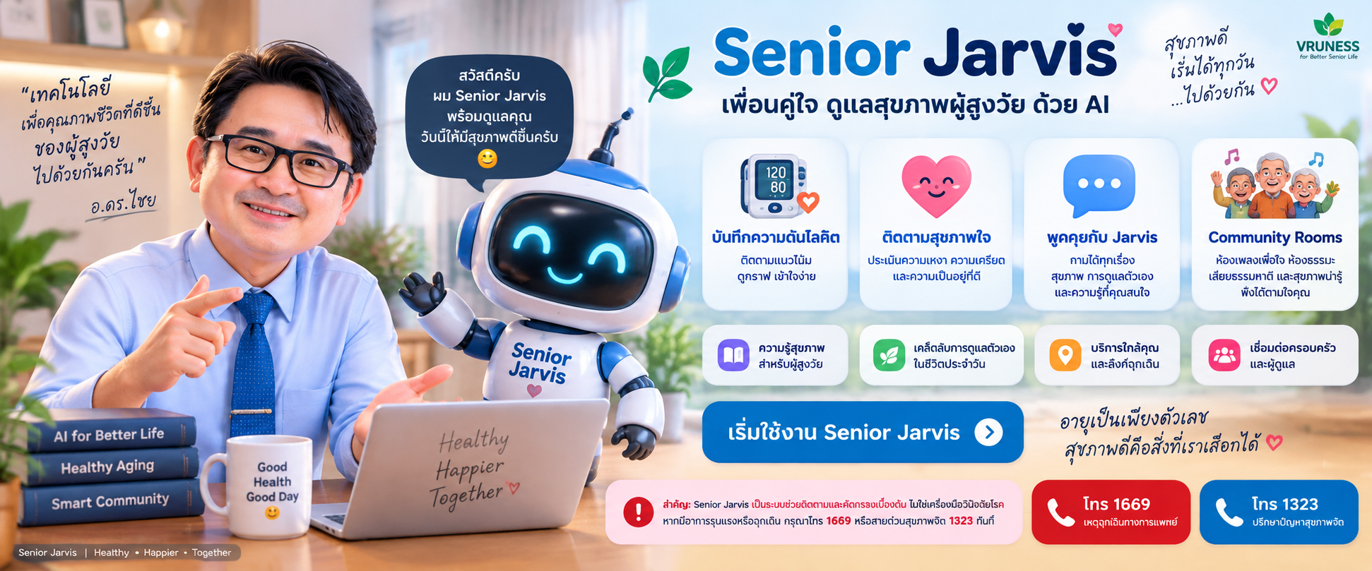 Senior Jarvis ผู้ช่วยดูแลสุขภาพสำหรับผู้สูงวัย พร้อมฟังก์ชันบันทึกความดัน ติดตามสุขภาพใจ พูดคุยกับเจาร์วิส และ Community Rooms